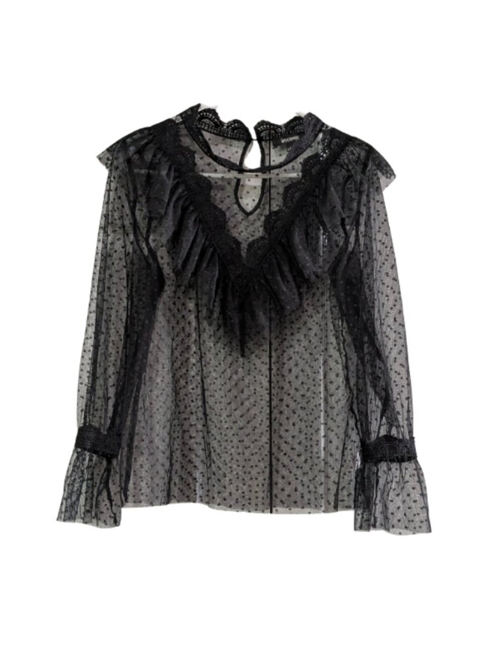 Ups & Downs Women's Sheer Polka Dot Mesh Blouse, Black, Size Large, Ruffles